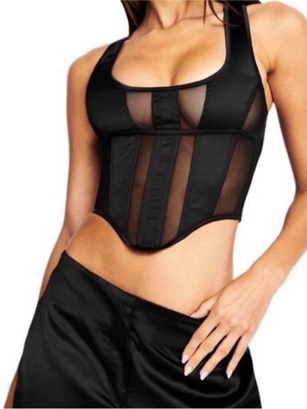 I.AM.GIA Black Mesh-Panel Corset Tank